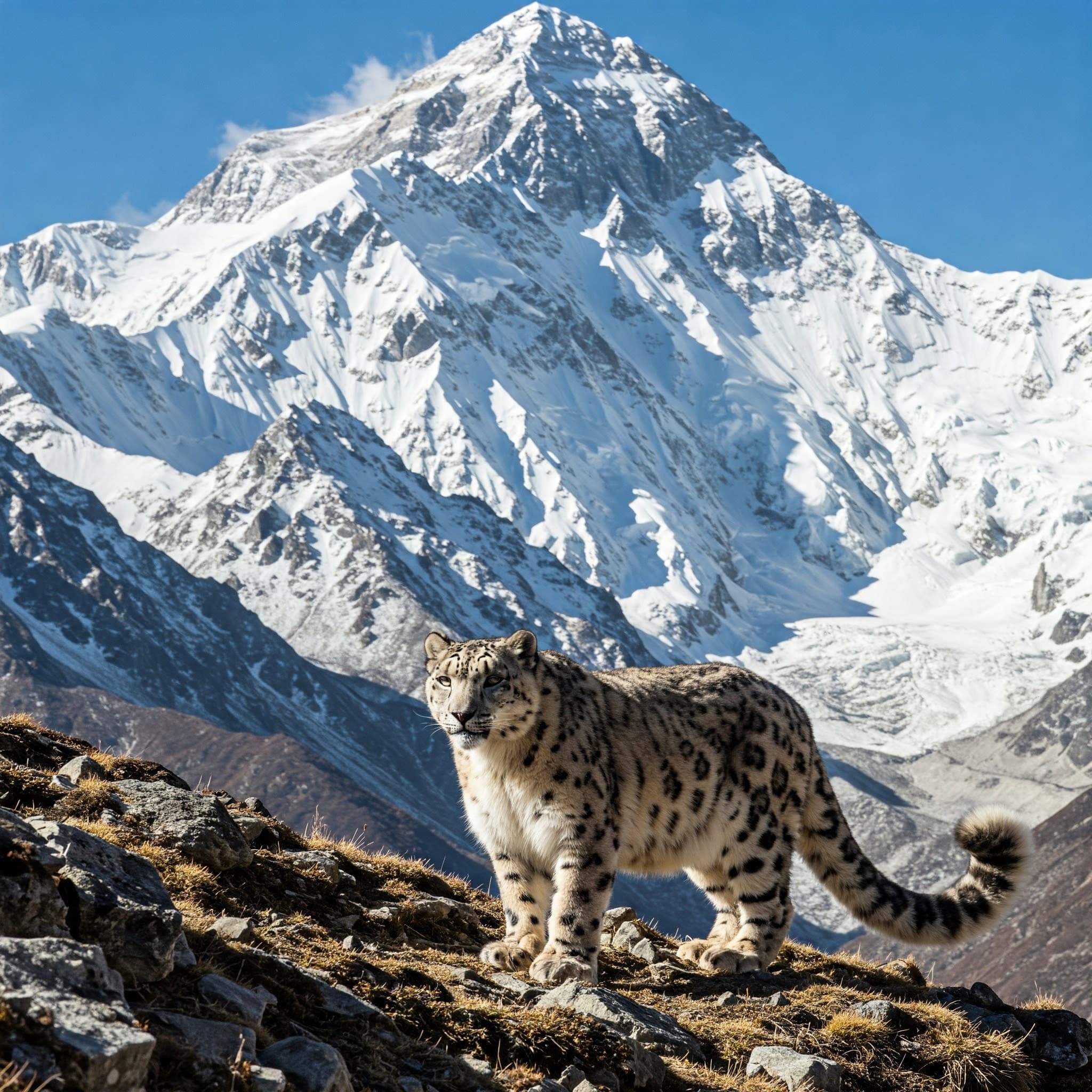 A snow leopard with grey and black spotted fur stands on rocky terrain. Behind it, a massive, snow-capped mountain dominates the background under a clear blue sky.
