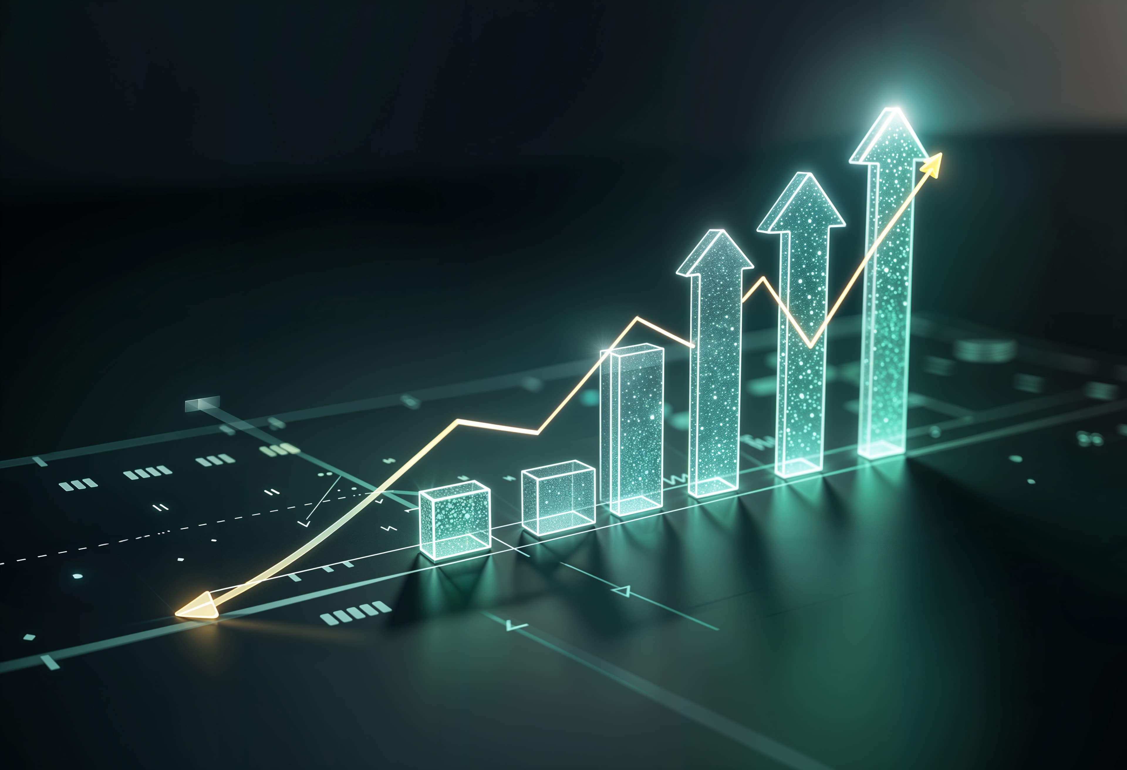A glowing bar chart with an upward-trending line on a dark background.