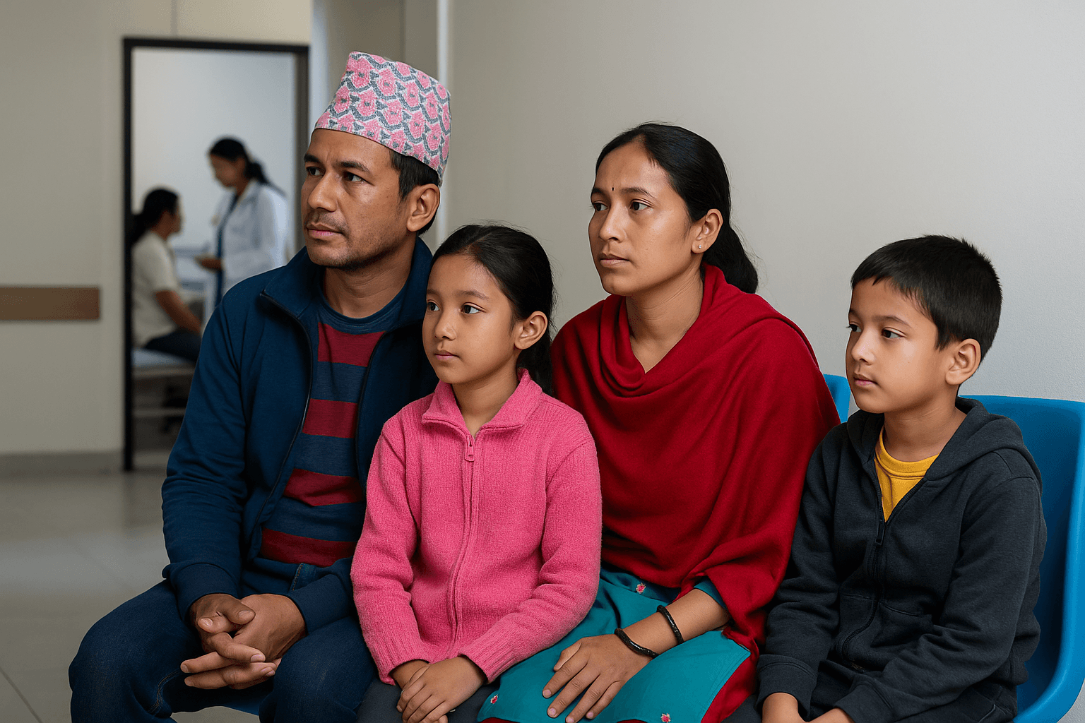 A family of four, including a man wearing a traditional Nepali Dhaka topi, a woman in a red shawl, a young girl in a pink jacket, and a young boy in a grey hooded sweatshirt, sit on a blue chair in what appears to be a waiting area of a hospital