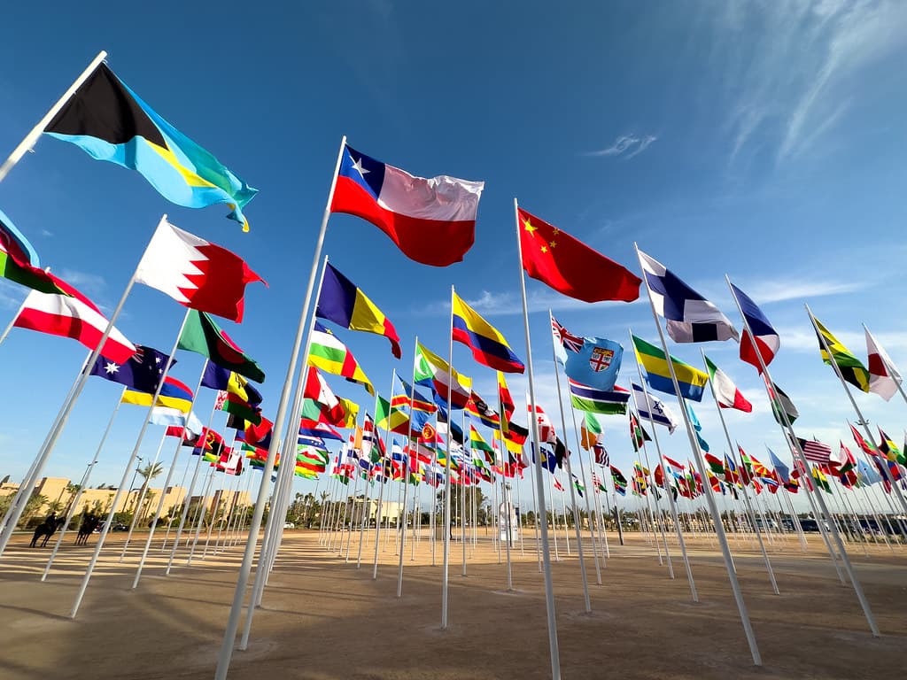 The image have flags from different countries that are in partnership with world bank.