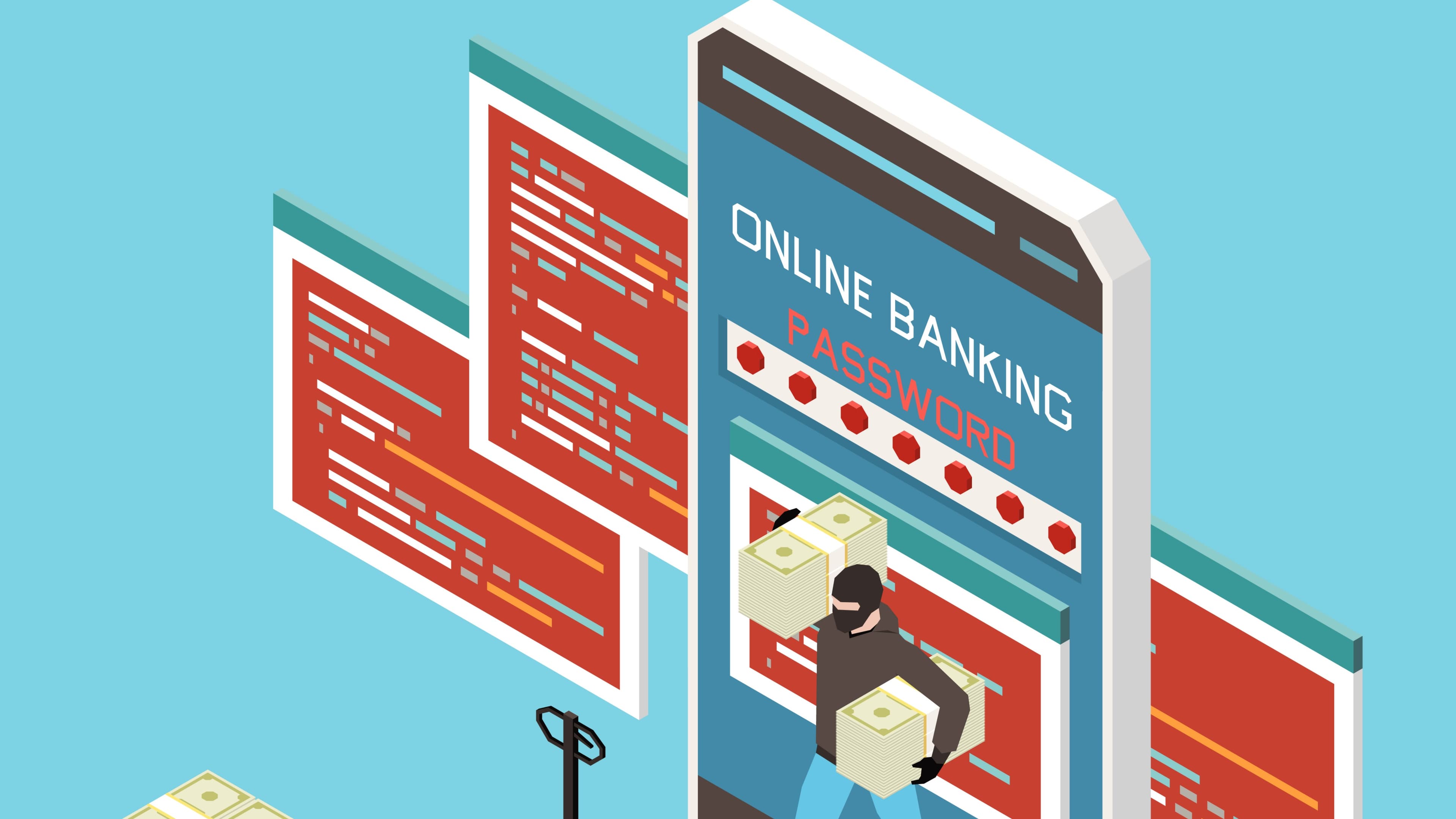 An infographic picture with blue background with a phone showing suspicious online banking  and hacking with a person stealing money