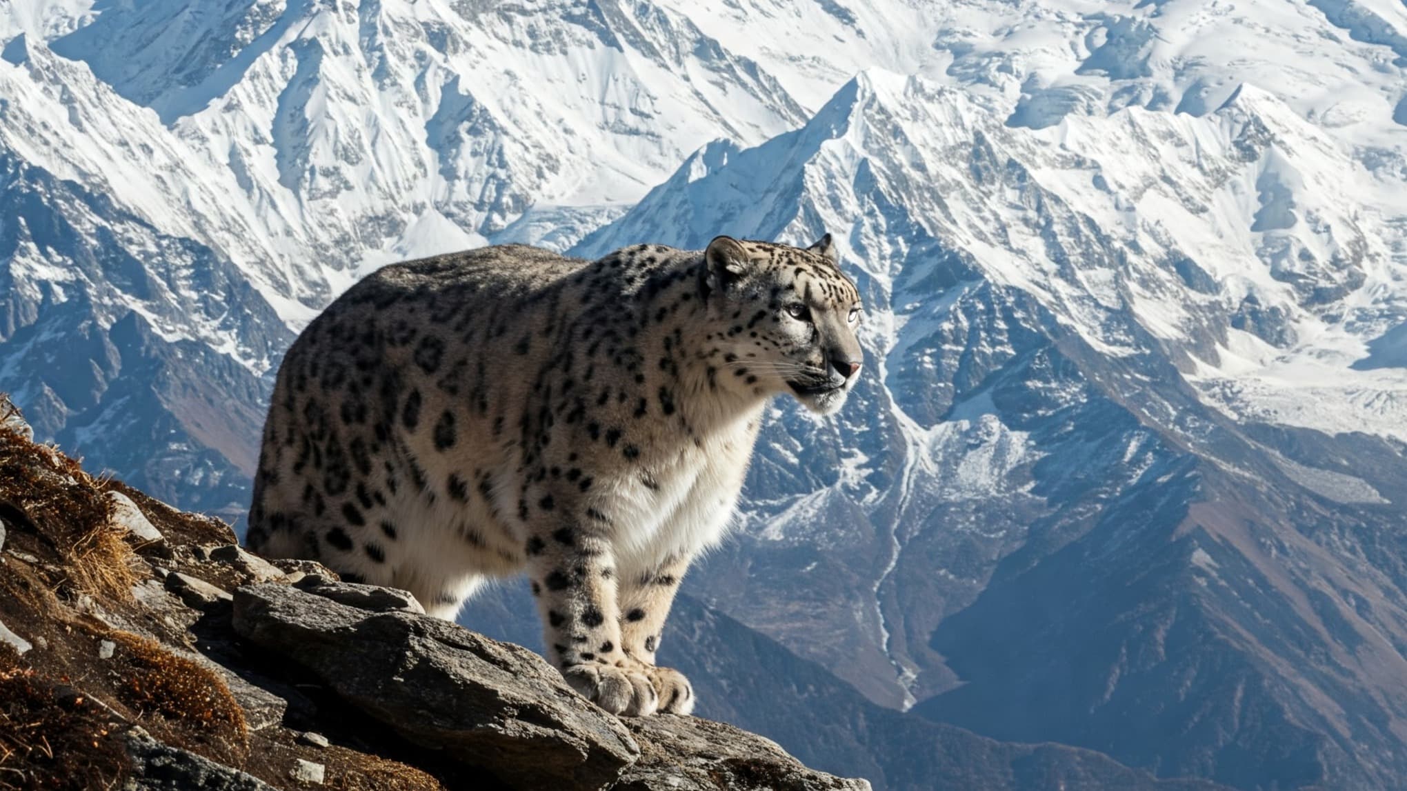 A snow leopard with grey and black spotted fur stands on rocky terrain. Behind it, a massive, snow-capped mountain dominates the background under a clear blue sky.