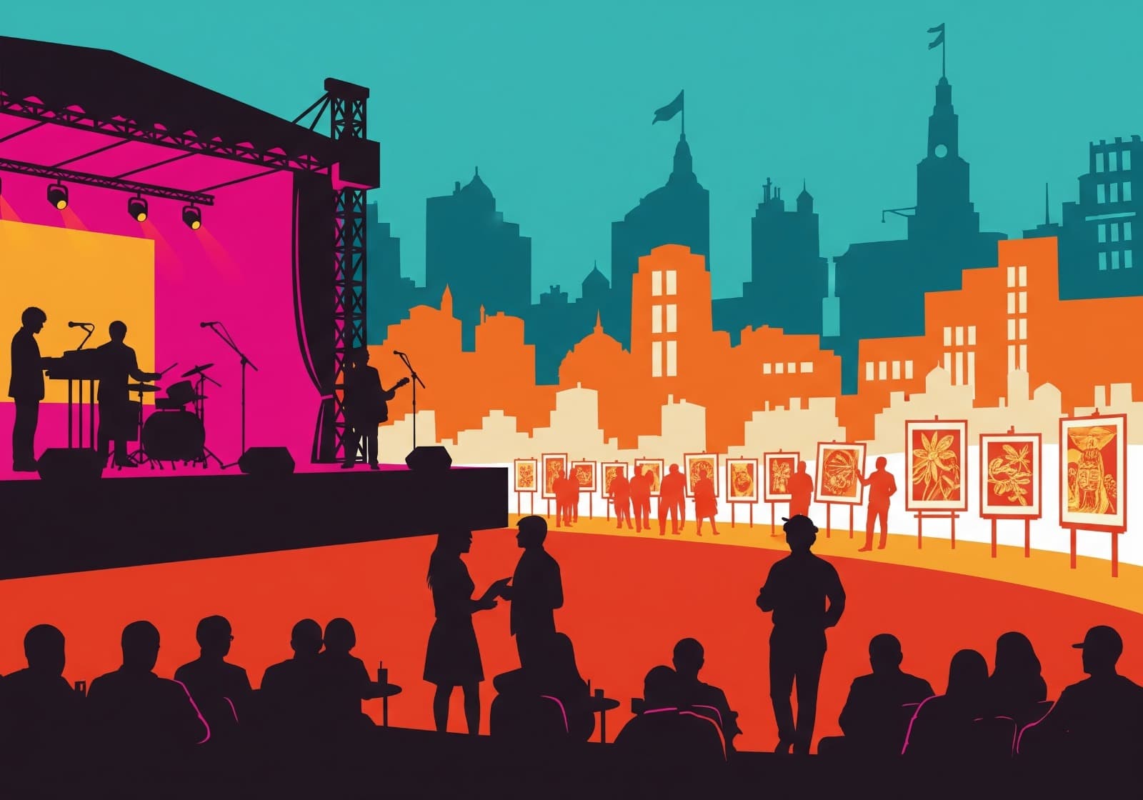 Colorful illustration of an outdoor festival with music, art, and a city skyline.