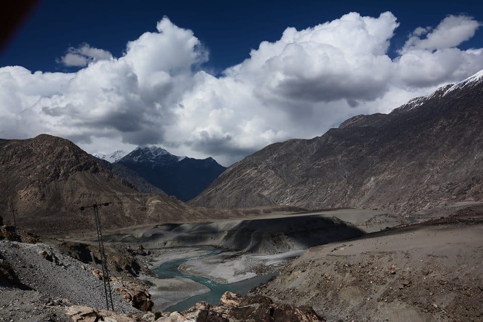 Himalayan Range showing a junction point with a river flowing in the middle.